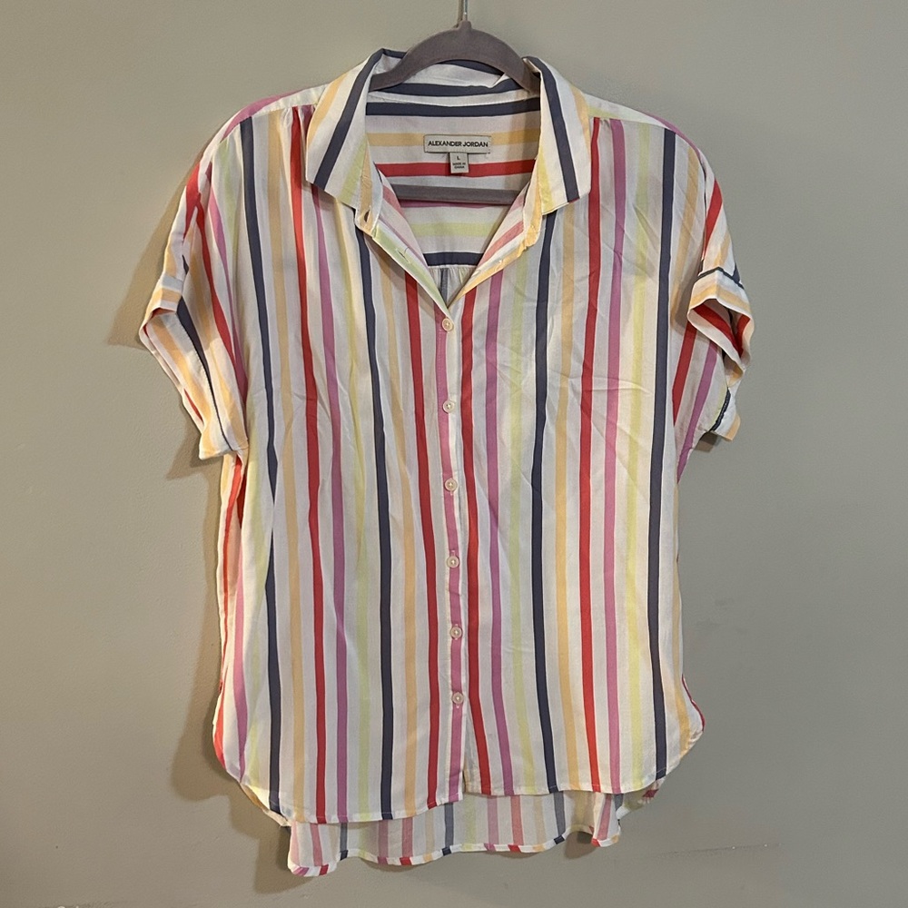 Alexander Jordan Women’s Large Short Sleeve Button Up Multicolor Striped Top
